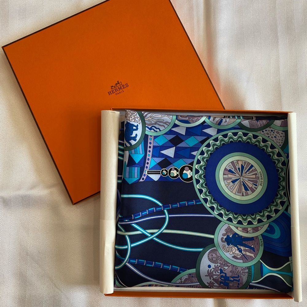 Hermes 90x90cm Silk Scarf. Blue and purple tones.